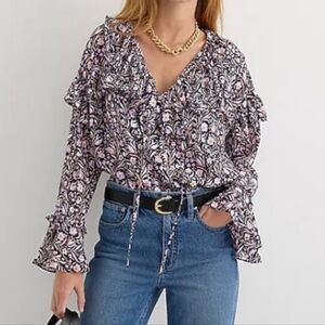 J.Crew Ruffle Chiffon Popover Blouse Top Womens Small Long Sleeve Floral Blue